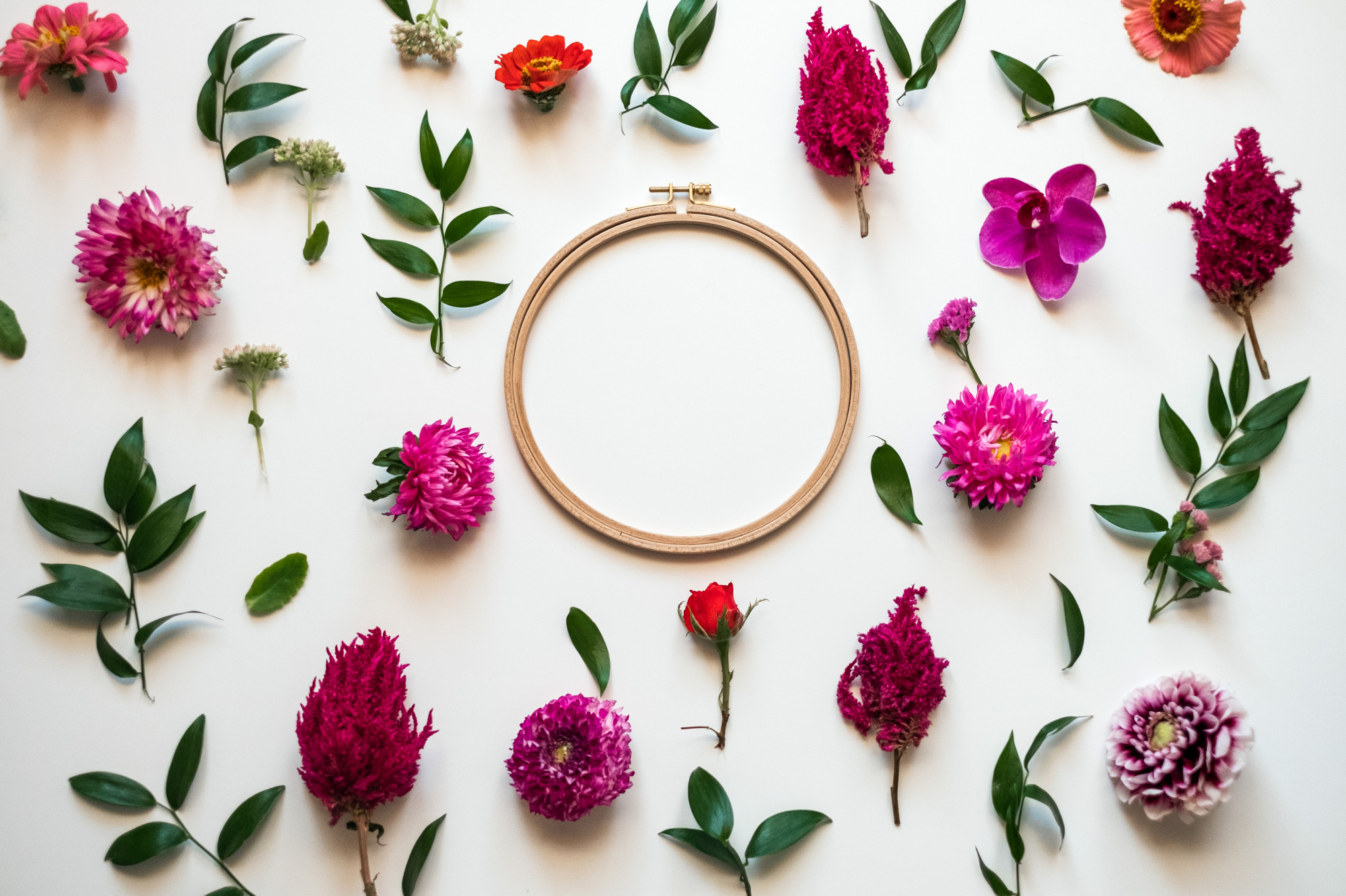 Close-up floral embroidered hoop
